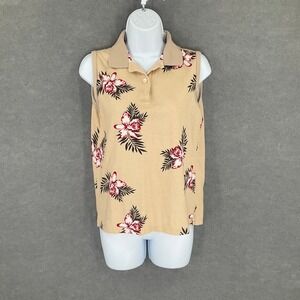 PING Collection Womens Sz‎ S Sleeveless Polo Shirt Floral Beige Golf Activewear